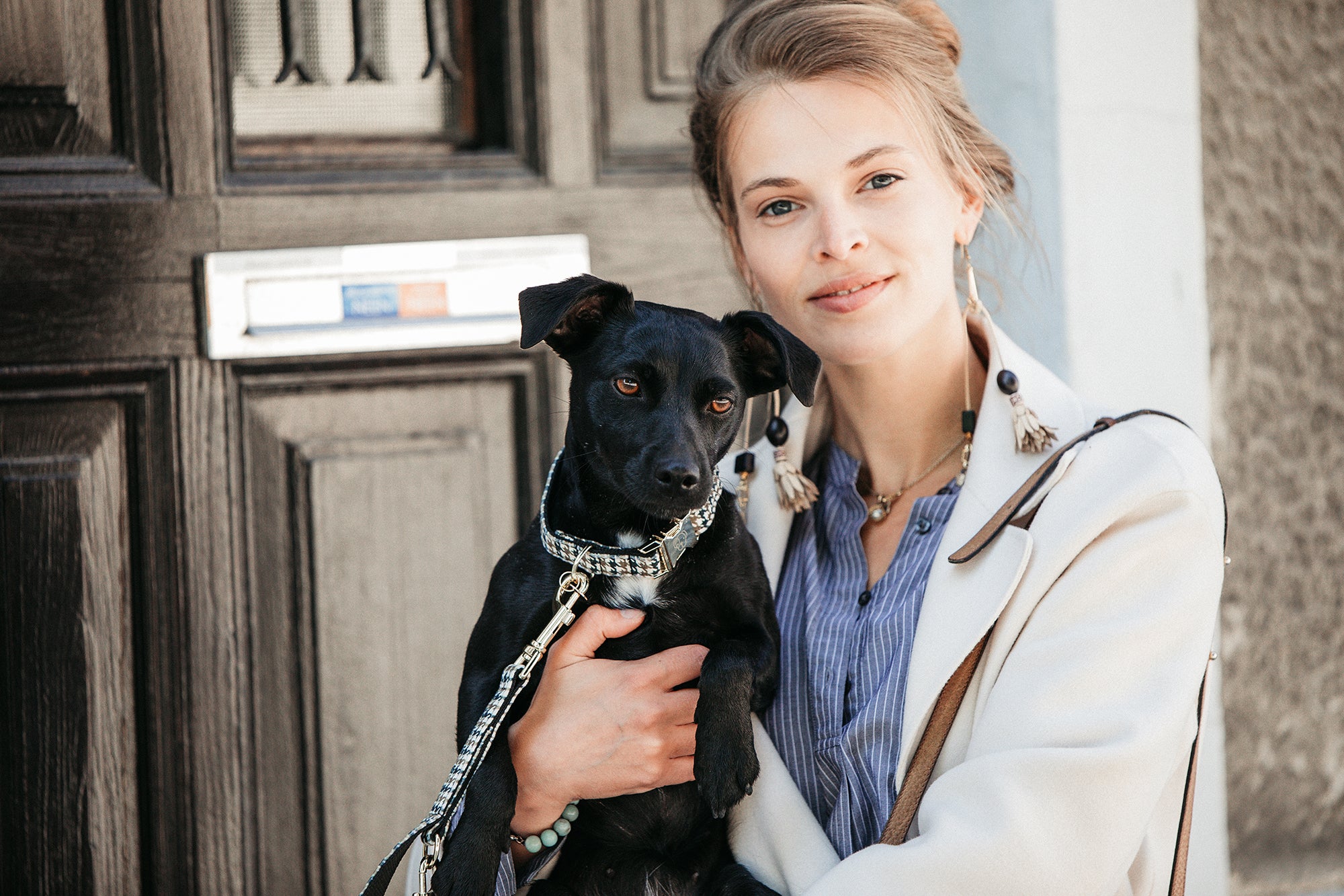 Hundehalsband mit Hahnentrittmuster - beige
